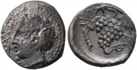 SICILY. Naxos . Circa 420-403 BC. Litra (Silver, 10 mm, 0.78 g, 3 h). [ΝΑΧΙΩΝ] Youthful head of Dionysos to left, wearing ivy-wreath. Rev. Bunch of gr...