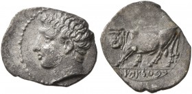 SICILY. Panormos (as Ziz) . Circa 405-380 BC. Litra (Silver, 11 mm, 0.44 g, 3 h). Male head to left. Rev. 'sb'lsys' (in Punic) Man-headed bull advanci...