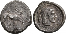 SICILY. Segesta . Circa 470-461 BC. Didrachm (Silver, 21 mm, 6.76 g, 9 h). Hound standing right, sniffing ground. Rev. ΣEΓEΣAΣIB EMI (retrograde) Head...