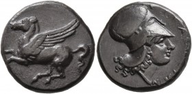 SICILY. Syracuse . Timoleon and the Third Democracy, 344-317 BC. Stater (Silver, 20 mm, 8.04 g, 12 h). Pegasos flying left. Rev. ΣYPA[KO]ΣIΩN Head of ...