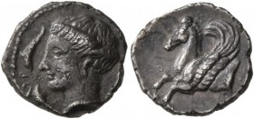 SICILY. Syracuse . Timoleon and the Third Democracy, 344-317 BC. Hemidrachm (Silver, 13 mm, 1.29 g, 6 h), Corinthian standard. ΣYP[AKOΣIΩN] Head of Ar...