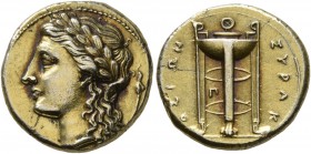 SICILY. Syracuse . Agathokles, 317-289 BC. 50 Litrai (Electrum, 15 mm, 3.48 g, 4 h). Laureate head of Apollo to left; behind, torch. Rev. ΣYPAKΣIΩN Tr...