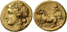 SICILY. Syracuse . Hieron II, 275-215 BC. 60 Litrai or Dekadrachm (Electrum, 15 mm, 4.27 g, 1 h). Head of Persephone left, wearing wreath of grain ear...