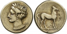 CARTHAGE. Circa 310-290 BC. Stater (Electrum, 20 mm, 7.42 g, 12 h). Head of Tanit to left, wearing grain wreath, pendant earring and elaborate necklac...