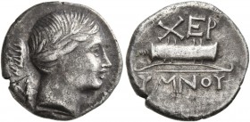 TAURIC CHERSONESOS. Chersonesos . Circa 210-200 BC. Hemidrachm (Silver, 14 mm, 1.81 g, 9 h), Hymnos, magistrate. Laureate head of Artemis to right, bo...