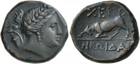 TAURIC CHERSONESOS. Chersonesos . Circa 190-180 BC. Bronze (17 mm, 4.72 g, 12 h), Heroida..., magistrate. Laureate head of Artemis to right, bow and q...
