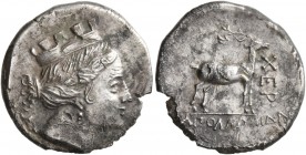 TAURIC CHERSONESOS. Chersonesos . Circa 110-90 BC. Drachm (Silver, 19 mm, 3.79 g, 1 h), Apollonida..., magistrate. Turreted head of Artemis to right, ...