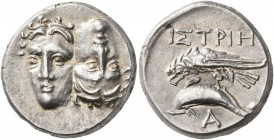 MOESIA. Istros . 4th century BC. Drachm (Silver, 20 mm, 5.51 g). Two facing male heads side by side, one upright and the other inverted. Rev. ΙΣΤΡΙΗ S...