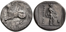 THRACE. Abdera . Circa 386/5-375 BC. Tetrobol (Silver, 16 mm, 2.57 g, 1 h). Griffin seated left; below wing, [AB]. Rev. ΕΠI ΦΙΛΑIO Hermes standing rig...