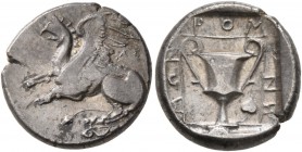 THRACE. Abdera . Circa 386/5-375 BC. Tetrobol (Silver, 15 mm, 2.85 g, 10 h). Griffin seated left; below wing, AB. Rev. POM-NH-MΩN Kantharos within lin...