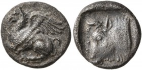 THRACE. Abdera . Circa 395-360 BC. Diobol (Silver, 12 mm, 1.59 g, 4 h). Griffin seated left. Rev. ABΔH (retrograde) Head of bull to left; all within i...