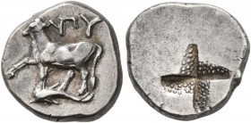 THRACE. Byzantion . Circa 340-320 BC. Half Siglos (Silver, 14 mm, 2.53 g). ΠY Bull standing left on dolphin left. Rev. Quadripartite incuse square of ...