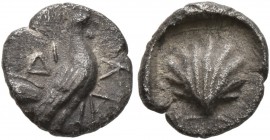 THRACE. Dikaia . Circa 450-400 BC. Obol (Silver, 8 mm, 0.62 g, 6 h). ΔΙ-ΚΑ Rooster standing right. Rev. Scallop shell within incuse punch. AMNG III, 8...