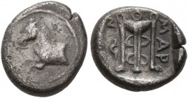 THRACE. Maroneia . Circa 398/7-386/5 BC. Trihemiobol (Silver, 11 mm, 1.42 g, 8 h). Forepart of horse to left. Rev. MAP-ΩN Tripod. BMC 46-47. Schönert-...