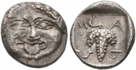 THRACE. Maroneia . Circa 398/7-386/5 BC. Obol (Silver, 9 mm, 0.78 g, 1 h). Facing Gorgoneion with protruding tongue. Rev. M-A-P-Ω Grape; all within in...