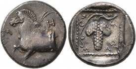 THRACE. Maroneia . Circa 377-365 BC. Tetrobol (Silver, 15 mm, 2.80 g, 1 h). M-H-[T] Forepart of horse to left. Rev. M-A Grape bunch and vine; small iv...