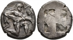 ISLANDS OFF THRACE, Thasos. Circa 500-463 BC. Stater (Silver, 21 mm, 9.79 g). Nude ithyphallic Satyr moving right in the archaic ‘running-kneeling’ po...