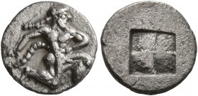 ISLANDS OFF THRACE, Thasos. Circa 500-480 BC. Diobol (Silver, 11 mm, 0.94 g). Satyr running right in kneeling stance. Rev. Quadripartite incuse square...