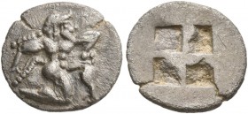 ISLANDS OFF THRACE, Thasos. Circa 500-480 BC. Diobol (Silver, 11 mm, 0.92 g). Satyr running right in kneeling stance. Rev. Quadripartite incuse square...