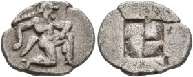 ISLANDS OFF THRACE, Thasos. Circa 500-480 BC. Diobol (Silver, 13 mm, 1.21 g). Satyr running right in kneeling stance. Rev. Quadripartite incuse square...