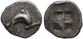 ISLANDS OFF THRACE, Thasos. Circa 500-480 BC. Hemiobol (Silver, 7 mm, 0.27 g). Dolphin right. Rev. Quadripartite incuse square. BMC 23. Le Rider, Thas...