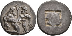 ISLANDS OFF THRACE, Thasos. Circa 463-449 BC. Stater (Silver, 23 mm, 8.39 g). Nude ithyphallic Satyr, with long beard and long hair, moving right in ‘...
