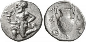 ISLANDS OFF THRACE, Thasos. Circa 411-340 BC. Trihemiobol (Silver, 12 mm, 0.83 g, 5 h). Bald satyr kneeling to left, holding kantharos in his right ha...
