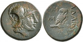 KINGS OF THRACE. Adaios, circa 275-225 BC. Tetrachalkon (?) (Bronze, 19 mm, 5.10 g, 9 h). Helmeted head of Athena to right; to left, countermark of st...