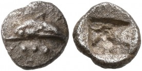 THRACO-MACEDONIAN REGION. Uncertain . Circa 500-480 BC. Hemiobol (Silver, 6 mm, 0.35 g). Dolphin left; below, three pellets. Rev. Rough incuse square....