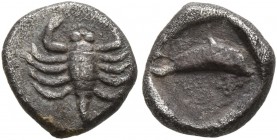 THRACO-MACEDONIAN REGION. Uncertain . 5th century BC. Trihemiobol (Silver, 9 mm, 0.98 g, 6 h). Scorpion. Rev. Dolphin right within incuse square. Rose...