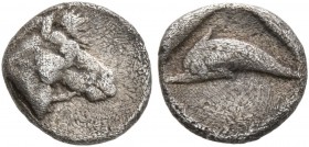 THRACO-MACEDONIAN REGION. Uncertain . Circa 480-450 BC. 3/4 Obol (Silver, 8 mm, 0.48 g, 6 h). Bridled head of horse to right. Rev. Dolphin left within...
