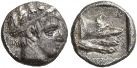 THRACO-MACEDONIAN REGION. Uncertain . Late 5th-early 4th Century. Obol (Silver, 8 mm, 0.52 g, 3 h). Diademed male head to right. Rev. Forepart of wolf...