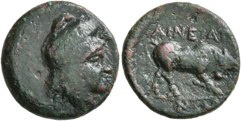 MACEDON. Aineia . Circa 400-350 BC. Dichalkon (Copper, 17 mm, 3.81 g, 3 h). Head...