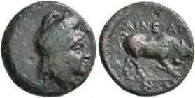 MACEDON. Aineia . Circa 400-350 BC. Dichalkon (Copper, 17 mm, 3.81 g, 3 h). Head of Aineias to right, wearing Phrygian cap. Rev. ΑΙΝΕΙΑΤ/ΩΝ Bull butti...