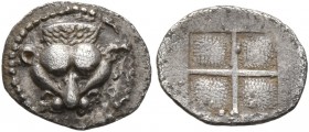 MACEDON. Akanthos . Circa 500-470 BC. 3/4 Obol (Silver, 10 mm, 0.40 g). Facing head of lion. Rev. Quadripartite incuse square with granulated recesses...