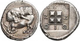 MACEDON. Akanthos . Circa 370-360 BC. Tetradrachm (Silver, 25 mm, 14.32 g, 11 h), Alexios, magistrate. AΛEΞIOΣ Lion right, attacking a bull kneeling l...