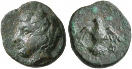 MACEDON. Aphytis . Circa 400-350 BC. Chalkous (Bronze, 12 mm, 1.41 g, 1 h). Head of horned Apollo Karneios to left. Rev. [Α] - Φ Eagle with open wings...