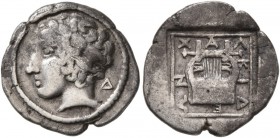 MACEDON, Chalkidian League. Circa 425-420 BC. Tetrobol (Silver, 15 mm, 2.21 g, 12 h), Olynthos. Laureate head of Apollo to left; behind, Δ. Rev. XAΛKI...