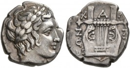 MACEDON, Chalkidian League. Circa 385 BC. Tetrobol (Silver, 13 mm, 2.35 g, 11 h), Olynthos. Laureate head of Apollo to right. Rev. XAΛKI[Δ]EΩN Kithara...