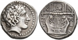 MACEDON, Chalkidian League. Circa 385 BC. Tetrobol (Silver, 14 mm, 2.37 g, 1 h), Olynthos. Laureate head of Apollo to right. Rev. XAΛKIΔ[E]ΩN Kithara....