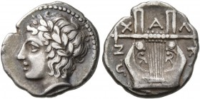 MACEDON, Chalkidian League. Circa 383/2 BC. Tetrobol (Silver, 15 mm, 2.36 g, 3 h), Olynthos. Laureate head of Apollo to left. Rev. XAΛK[IΔE]ΩN Kithara...
