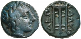 MACEDON, Chalkidian League. Circa 432-348 BC. (Bronze, 11 mm, 1.75 g, 4 h), Olynthos. Laureate head of Apollo to right. Rev. ΧΑΛΚΙ/ΔΕΩΝ Tripod. BMC 32...