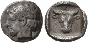 THRACE. Dikaia . Circa 450-425 BC. Trihemiobol (Silver, 9 mm, 0.67 g, 3 h). Head of nymph to left. Rev. Δ Facing head of bull; all within incuse squar...