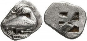 MACEDON. Eion . Circa 470-460 BC. Trihemiobol (Silver, 11 mm, 0.79 g). Goose standing right, head left, on decorated base; above, lizard left; Θ to lo...