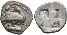 MACEDON. Eion . Circa 470-460 BC. Trihemiobol (Silver, 11 mm, 0.87 g). Goose standing right, head left, on decorated base; above, lizard left; Θ (or s...