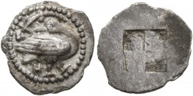 MACEDON. Eion . Circa 460-400 BC. Trihemiobol (Silver, 11 mm, 0.77 g). Goose standing right, head left; above, lizard left; below goose, A. Rev. Quadr...
