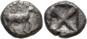 MACEDON. Mende . Circa 480-460 BC. Tetrobol (Silver, 12 mm, 2.34 g). Donkey advancing right; above, vine tendril and [two pellets]. Rev. Diagonally di...