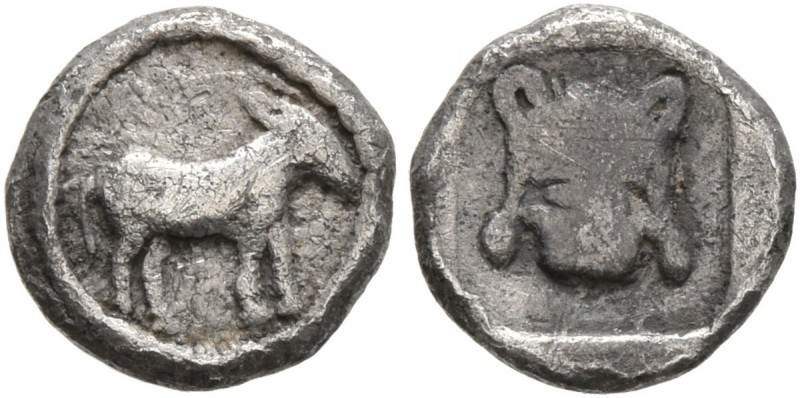 MACEDON. Mende . Circa 460-423 BC. Tritartemorion (9 mm, 0.56 g, 10 h). Donkey s...
