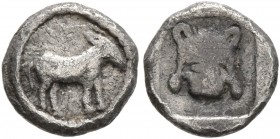 MACEDON. Mende . Circa 460-423 BC. Tritartemorion (9 mm, 0.56 g, 10 h). Donkey standing rght. Rev. Facing scalp of a lion within rectangular incuse. S...