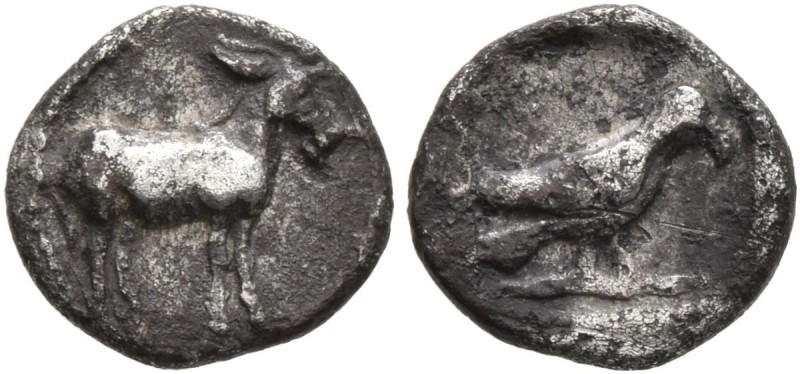 MACEDON. Mende . Circa 460-423 BC. Hemiobol (Silver, 8 mm, 0.41 g, 12 h). Donkey...